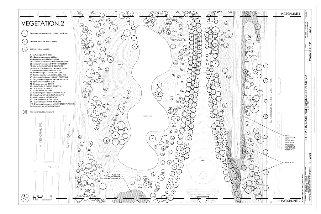 Historic American Landscapes Survey drawing shows tree-lined lawn, scattered trees, and curving pond