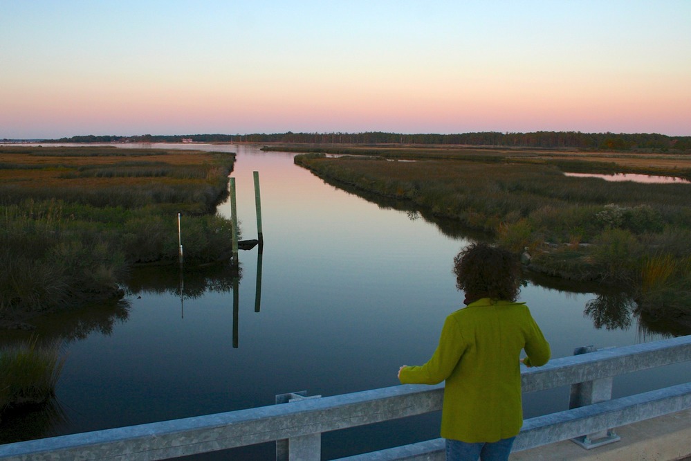 A visitor looks at the twilight sky reflected in the still water of a canal