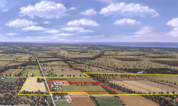 Aerial view of Mentor, Ohio and Lawnfield Painting shows an aerial view of flat agricultural landscape with lines of trees, roads, and a railroad