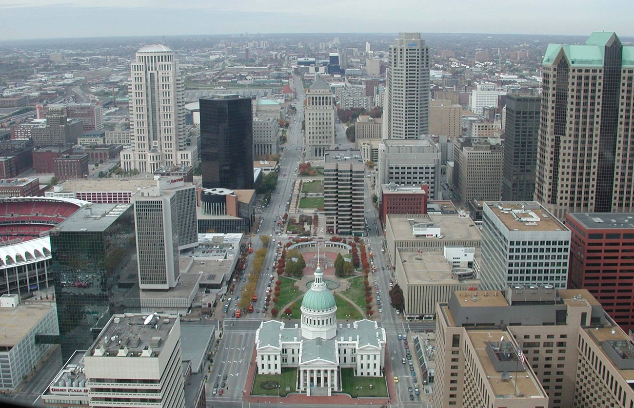 JEFF-Courthouse-from-arch View of the Old Courthouse and surrounding landscape from Gateway Arch, framed by city streets and buildings of St. Louis
