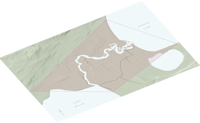 Brooks River Archeological District NHL landscape A rectangular highlight shows the landscape area, around a river and between two lakes.