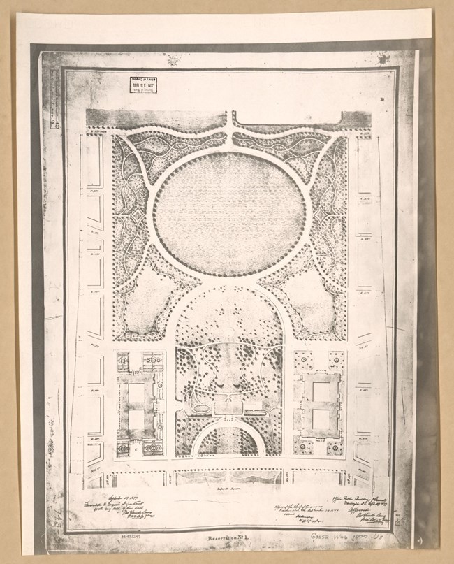 1877 map of President's Park shows buildings, plantings, and the Ellipse