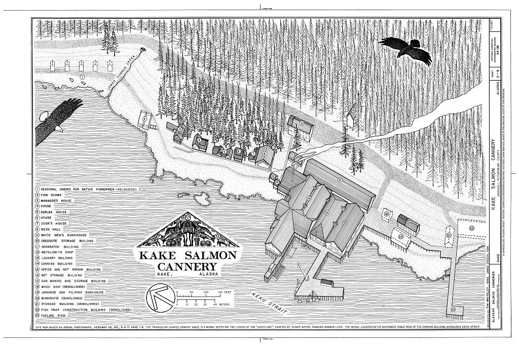 Site plan drawing shows cannery landscape features with buildings along the shore and trees inland