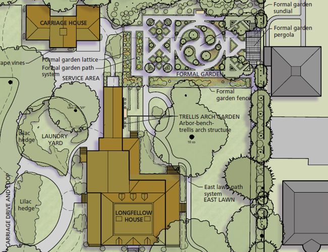 Labeled map shows the location of the lnden in the Longfellow landscape, in the East Lawn beside the house and formal garden.