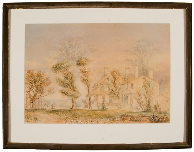 Watercolor of house with low garden beds in foreground and trees behind, figures standing under tree with platform