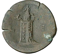 A coin depicting the lighthouse of Alexandria, Alexandrian mint, 2nd century CE. Wikimedia content originally published by user Ginolerhino. Shared with the following licence: CC BY-SA 3.0. A coin depicting the Lighthouse of Alexandria