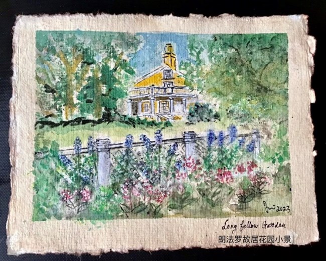 A watercolor painting of flowers along a fence and leafy trees, framing a two-story yellow house