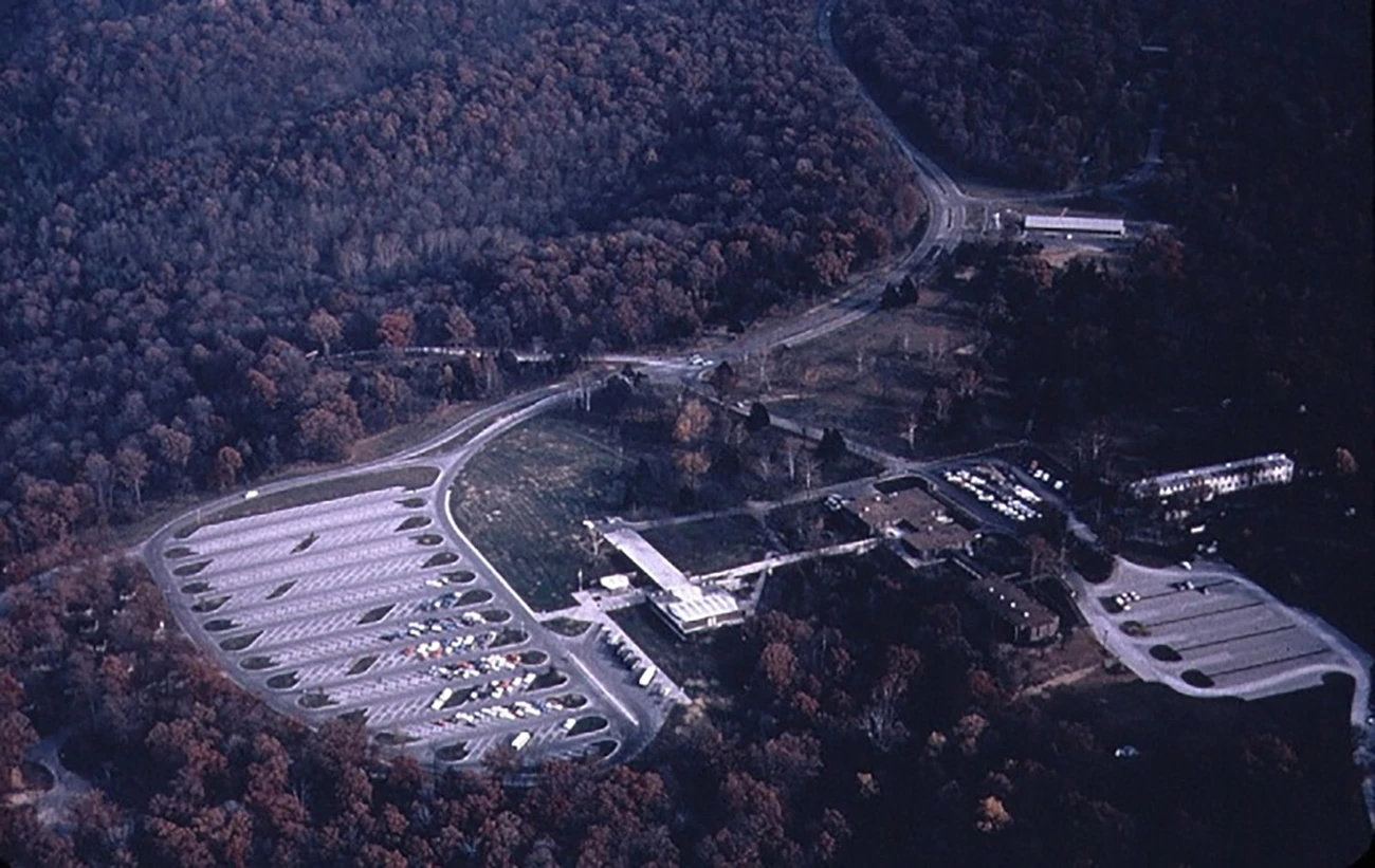 Aerial of Visitor Center Complex Aerial viewof visitor center complex showing layout of the roads, parking, and visitor facilities.