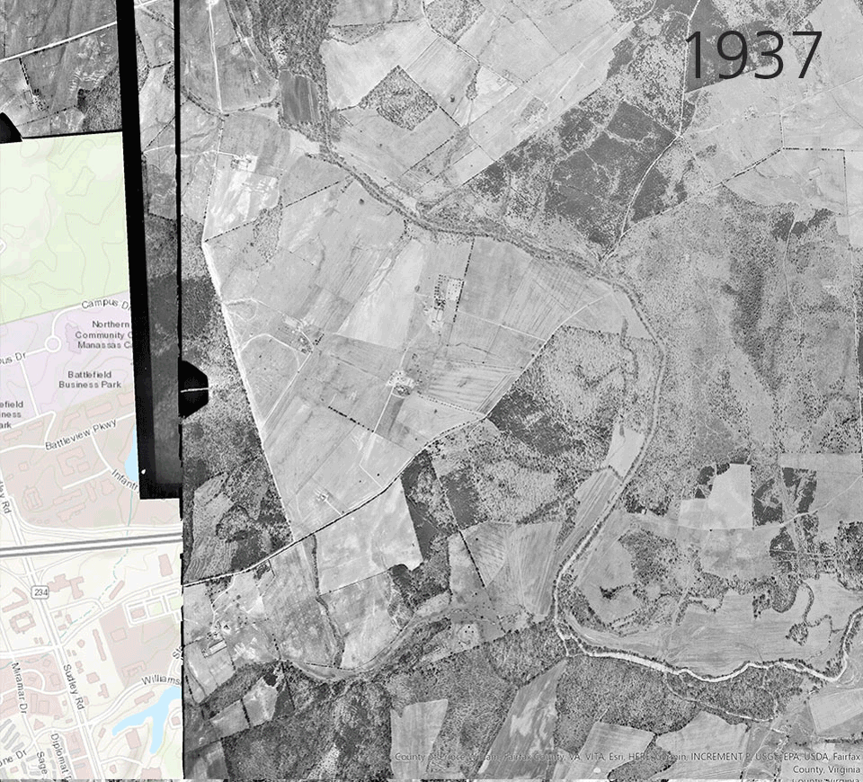 A GIF shows three aerial images of an agricultural landscape in 1937, 1953, and 2024.