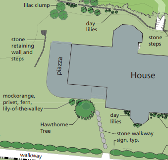 The Wayside map showing labelled hawthorn tree. A labeled site plan drawing shows the position of the hawthorn tree, next to a house beside a stone walkway.