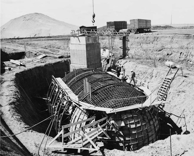 MIMI construction-crop Delta-01 Launch Control Capsule under construction in an opening in the ground, ca.1962