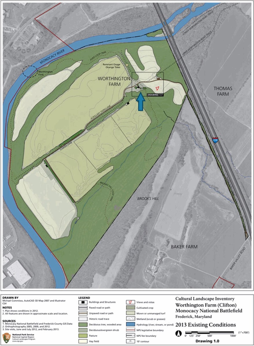 Labeled site plan for Worthington Farm shows characteristics of the landscape