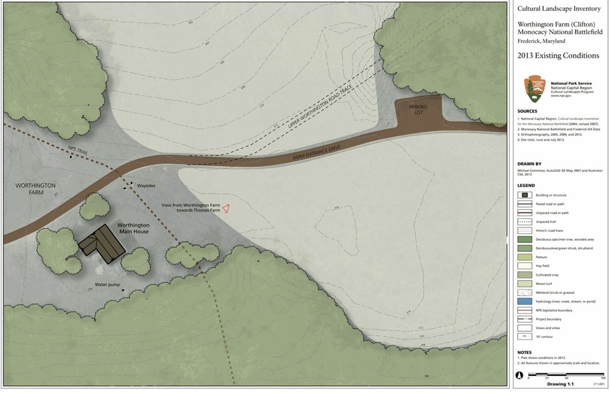 Labeled site plan shows the landscape characteristics for a portion of Worthington Farm in 2013.