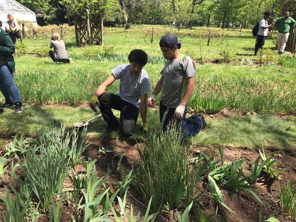 Two students kneeling beside a planting bed at Glenmont