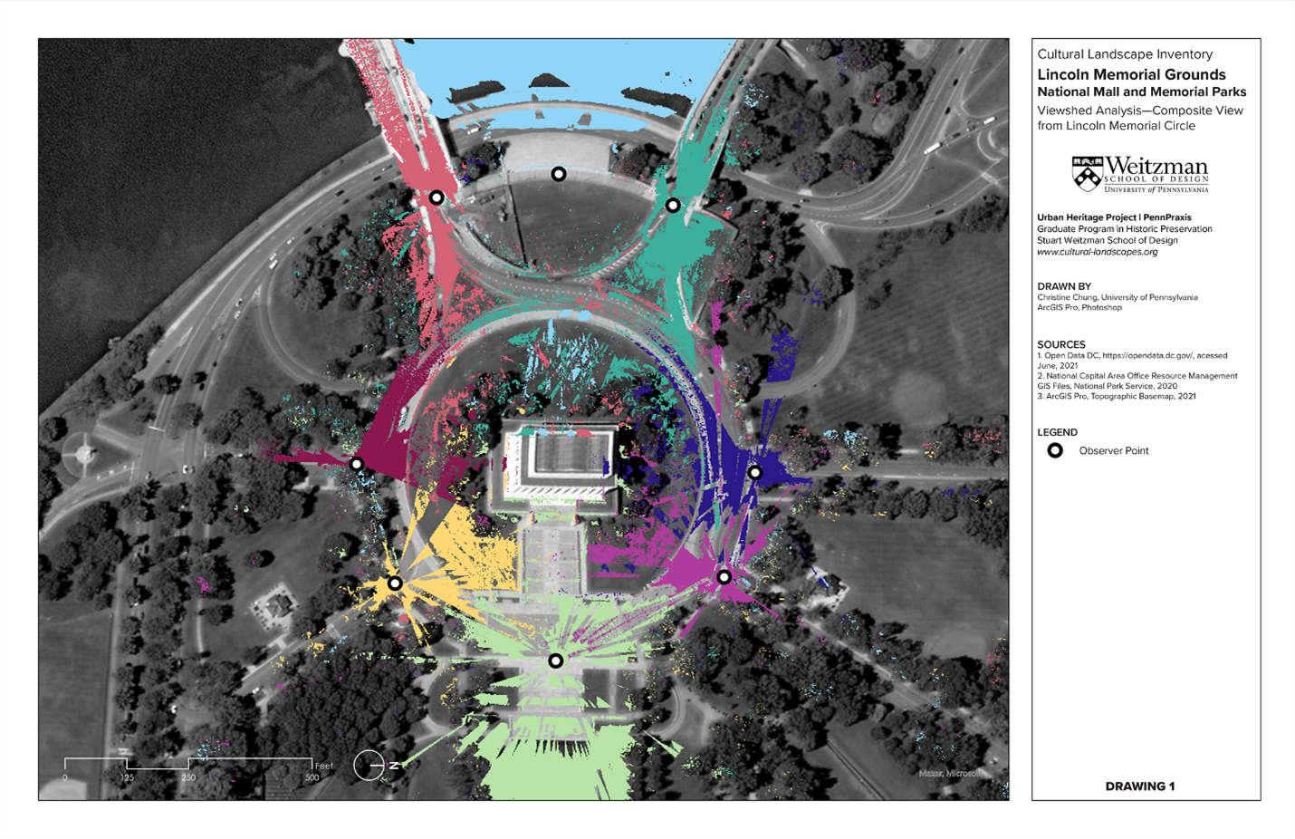Lincoln Memorial composite viewshed analysis - Lincoln Memorial Circle Graphic composite of viewsheds in various colors from observer points around the Lincoln Memorial Circle
