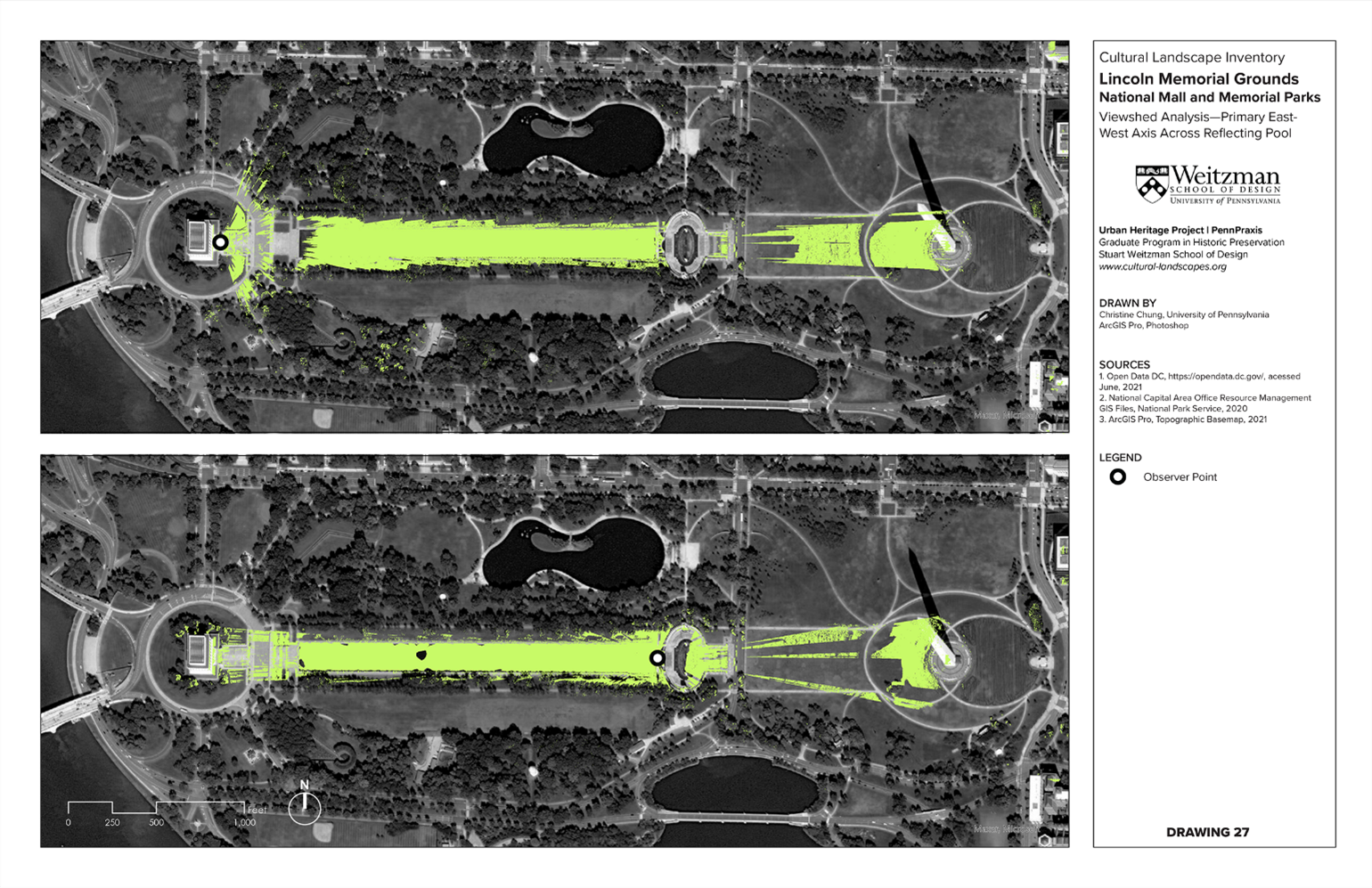 Lincoln Memorial Grounds Viewshed Analysis - Across Reflecting Pool A graphic shows the viewshed in the east-west axis of the reflecting pool between the Lincoln Memorial and Washington Monument, with vegetation and circulation features