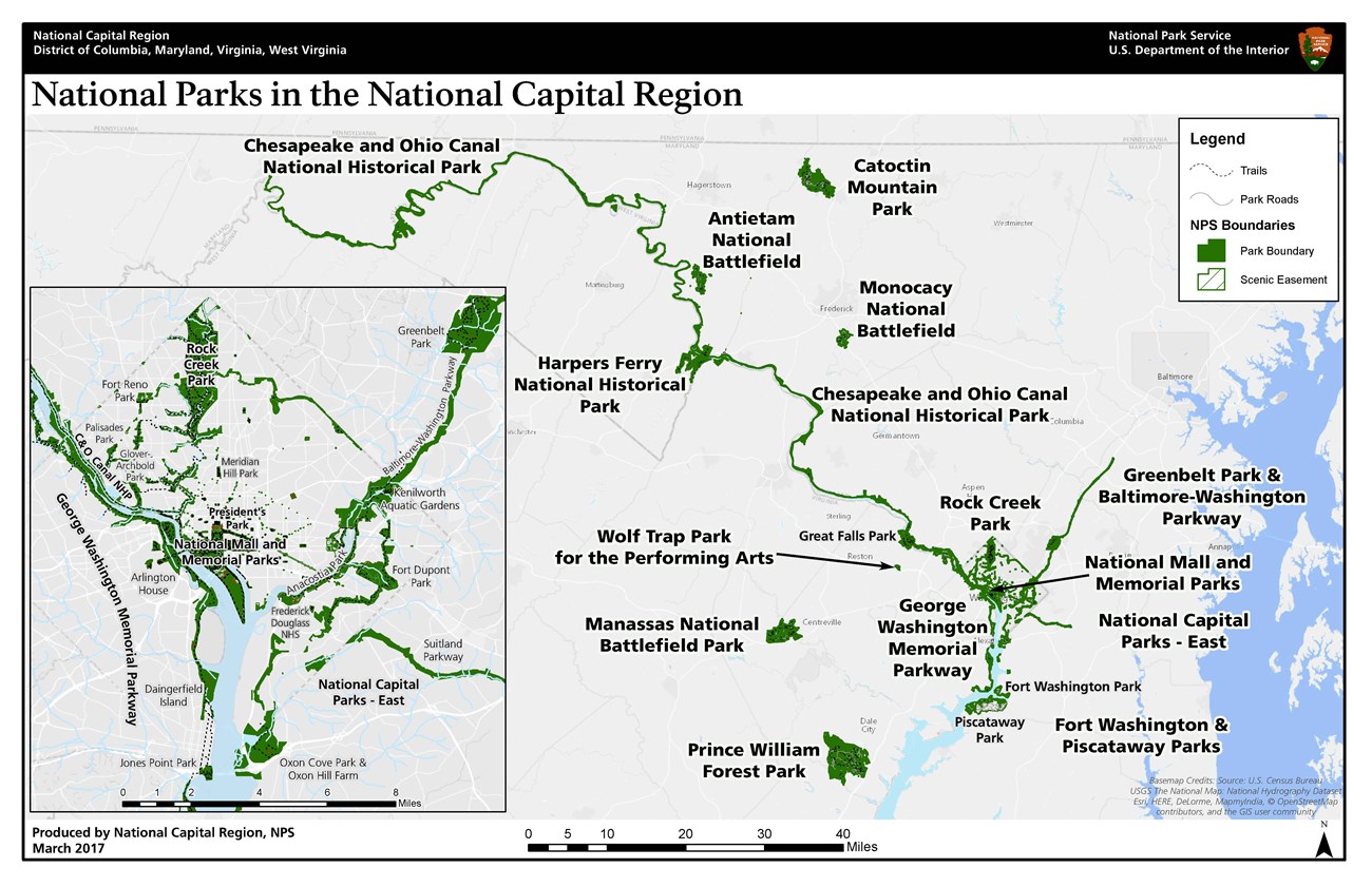 Map of the National Capital Area and Washington, DC with national parks marked in green.