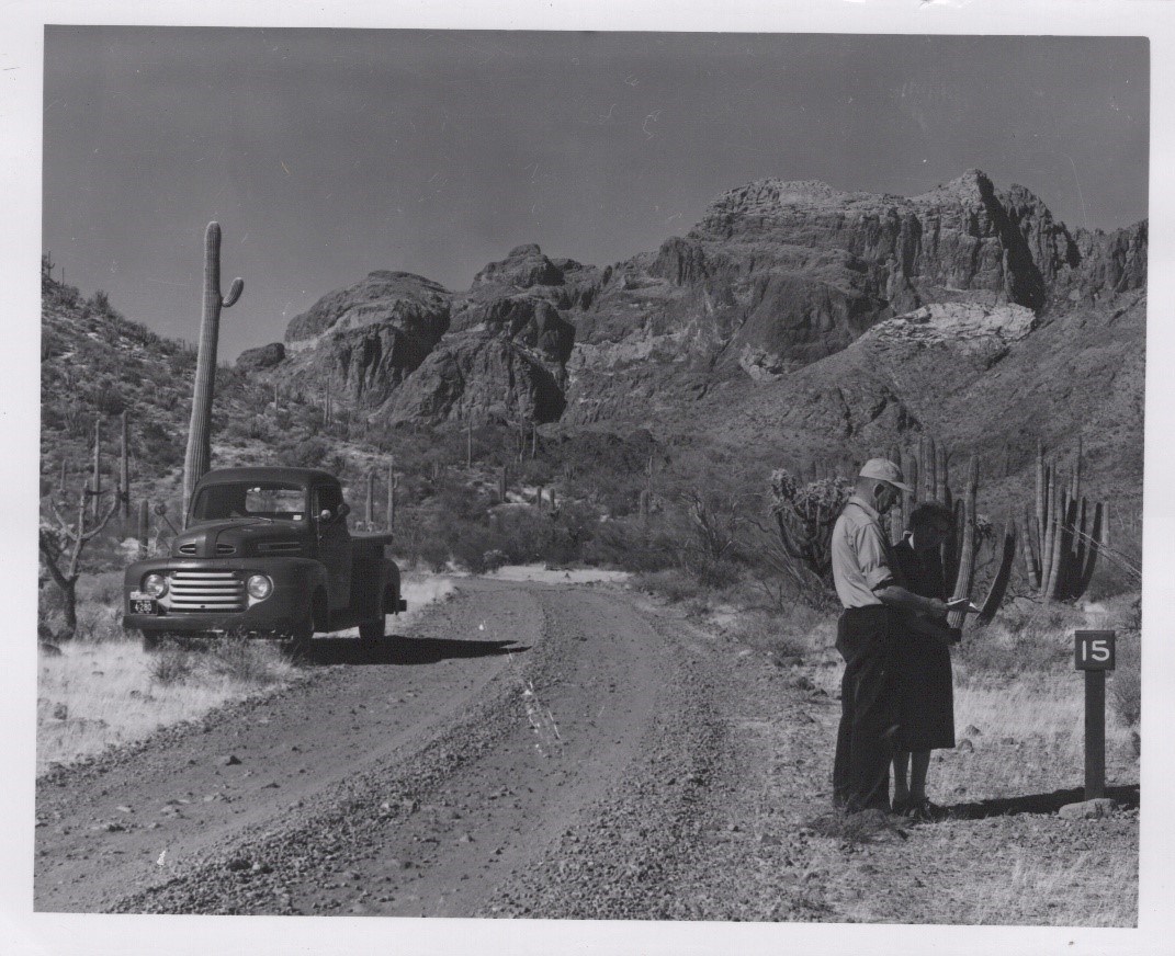 An unpaved road passes through a desert landscape of cacti and rocky mountains. A pick-up truck is parked on one side and a couple stands on the other side, looking at a sign. 1957 photograph.
