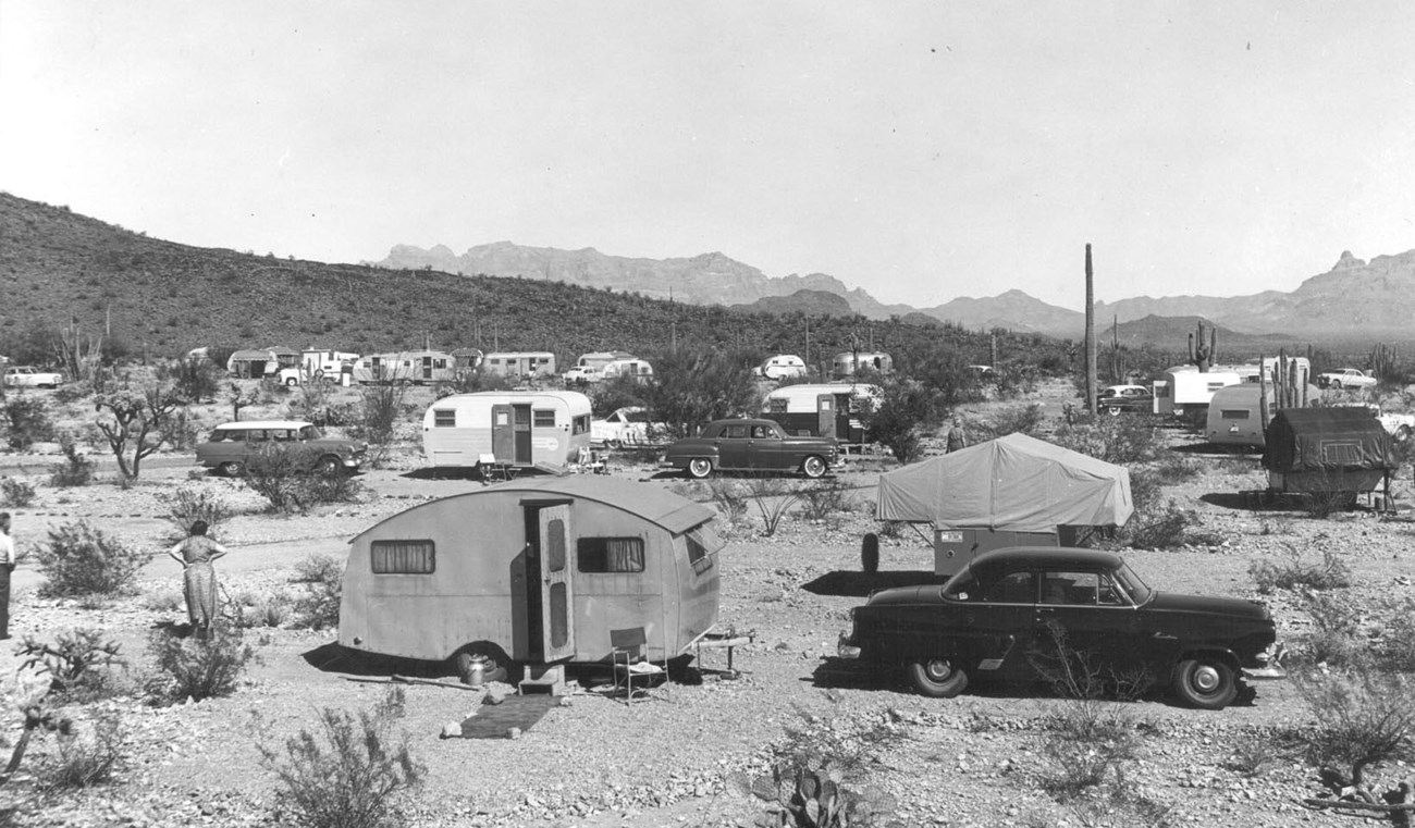 Cars, campers, and pop-up trailers are spaced across a flat desert campground, characterized by cacti and rocky surface.