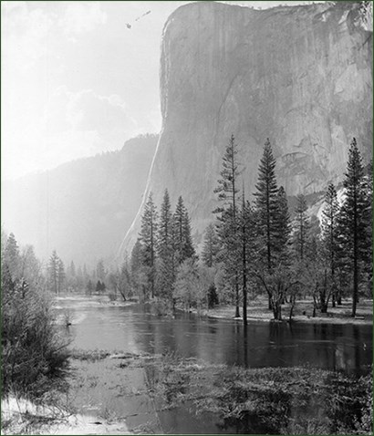 lt= pine trees line a river at the base of a dramatic rock face.