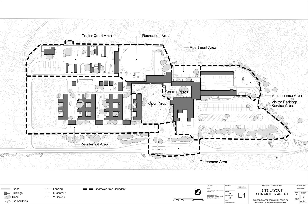 A site plan for Painted Desert Community Complex uses a dashed line to show the landscape character areas.