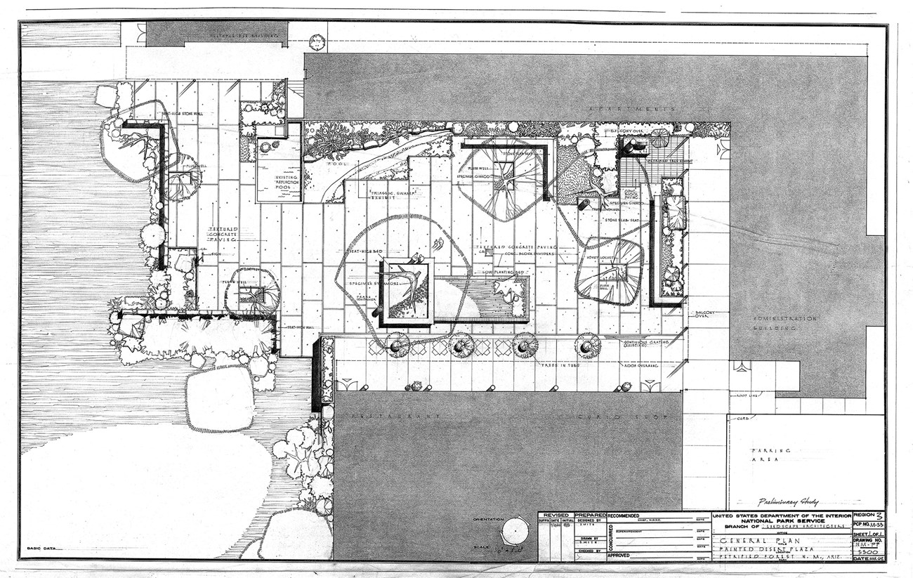 Drawing of a plaza at Painted Desert Community Complex showing 1962 planting plan