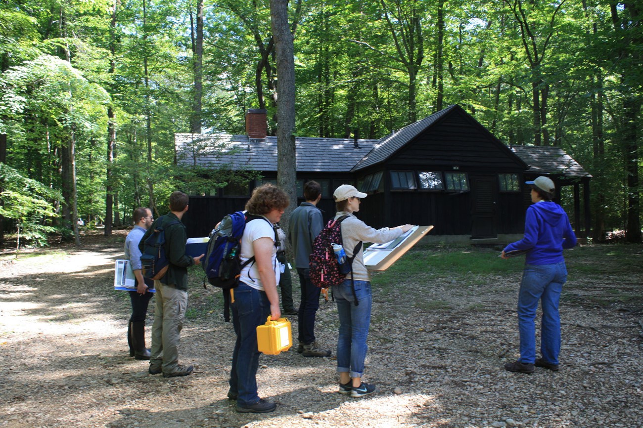 A group of people in a the bright shade, in a driveway near a wooden cabin.