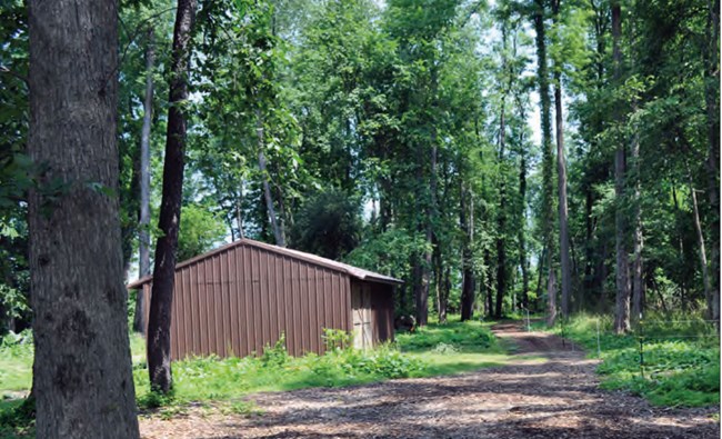 An unpaved road beside a maintenance building with brown siding, in a leafy wooded area