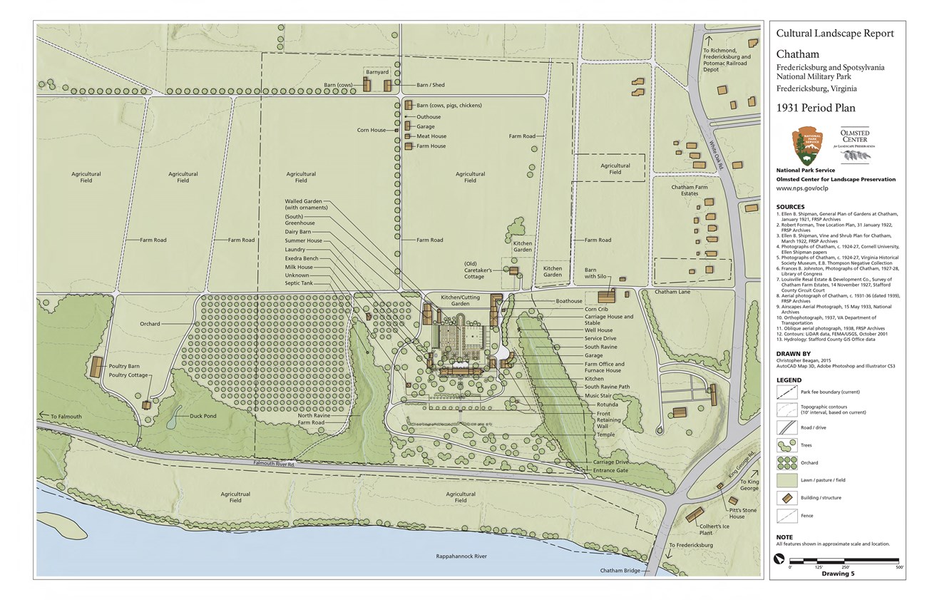 Chatham Manor 1931 period plan A labeled site plan shows features of the agricultural landscape around Chatham Manor in 1931.