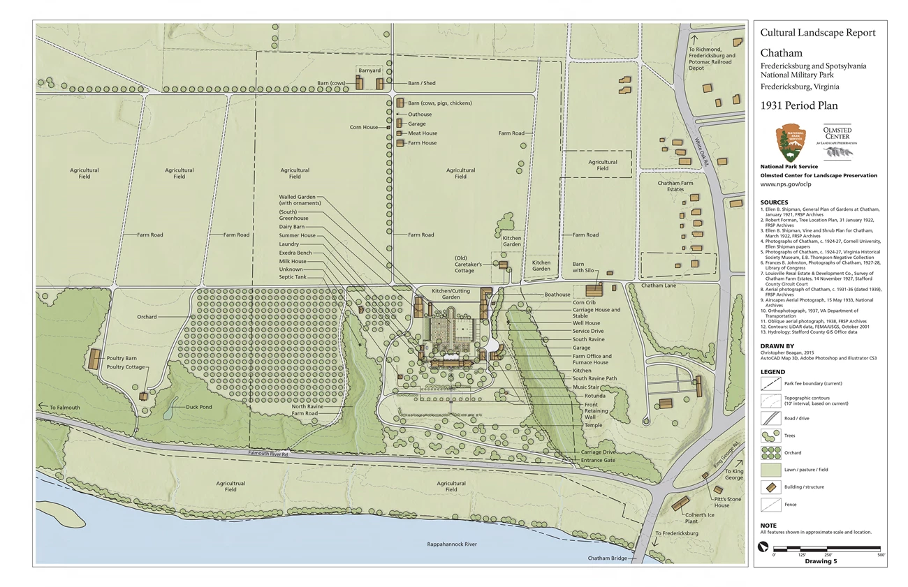 Chatham Manor 1931 period plan A labeled site plan shows features of the agricultural landscape around Chatham Manor in 1931.