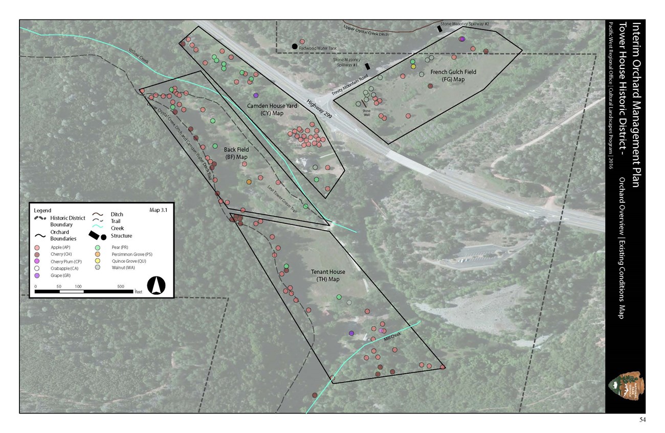 2016 existing conditions map shows the locations of orchards in the historic district and the types and locations of trees.