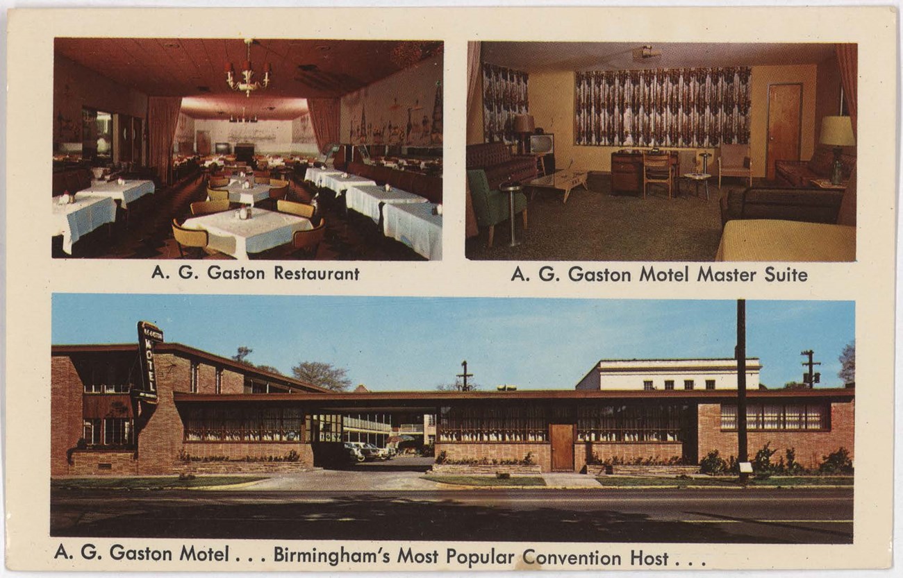 Postcard of the A.G. Gaston Motel, showing the restaurant, master suite, and exterior.