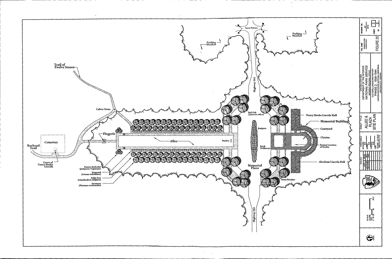 A site plan shows the arrangement and features of the memorial landscape, with allee and walkway leading to memorial building