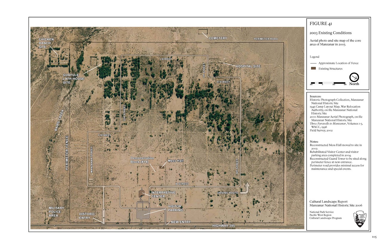 A labeled site plan shows existing conditions at Manzanar National Historic Site in 2003
