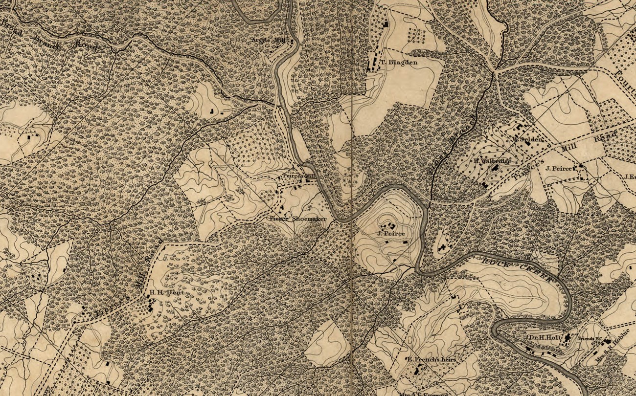 Boschke Map 1861 section A drawn map shows roads, structures, names of property owners, vegetation, and topography in northwest DC.