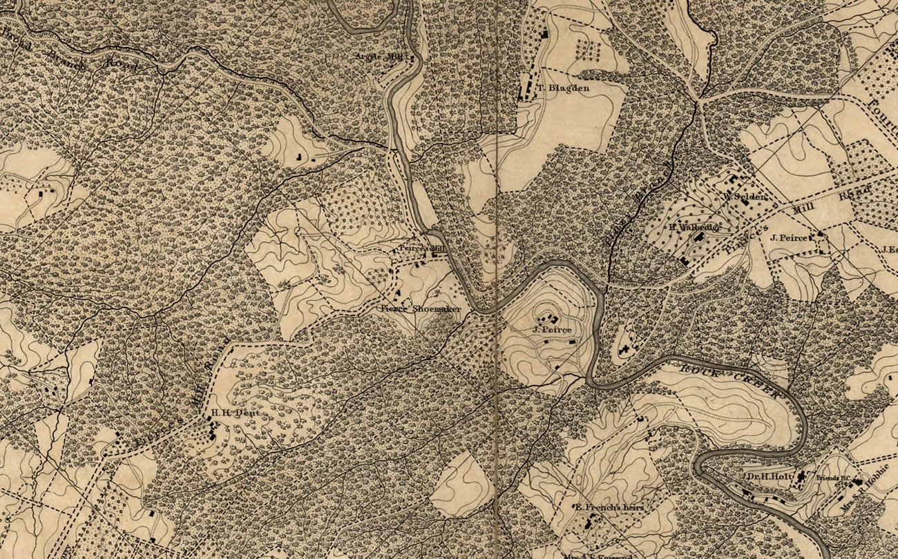 Boschke Map 1861 section A drawn map shows roads, structures, names of property owners, vegetation, and topography in northwest DC.
