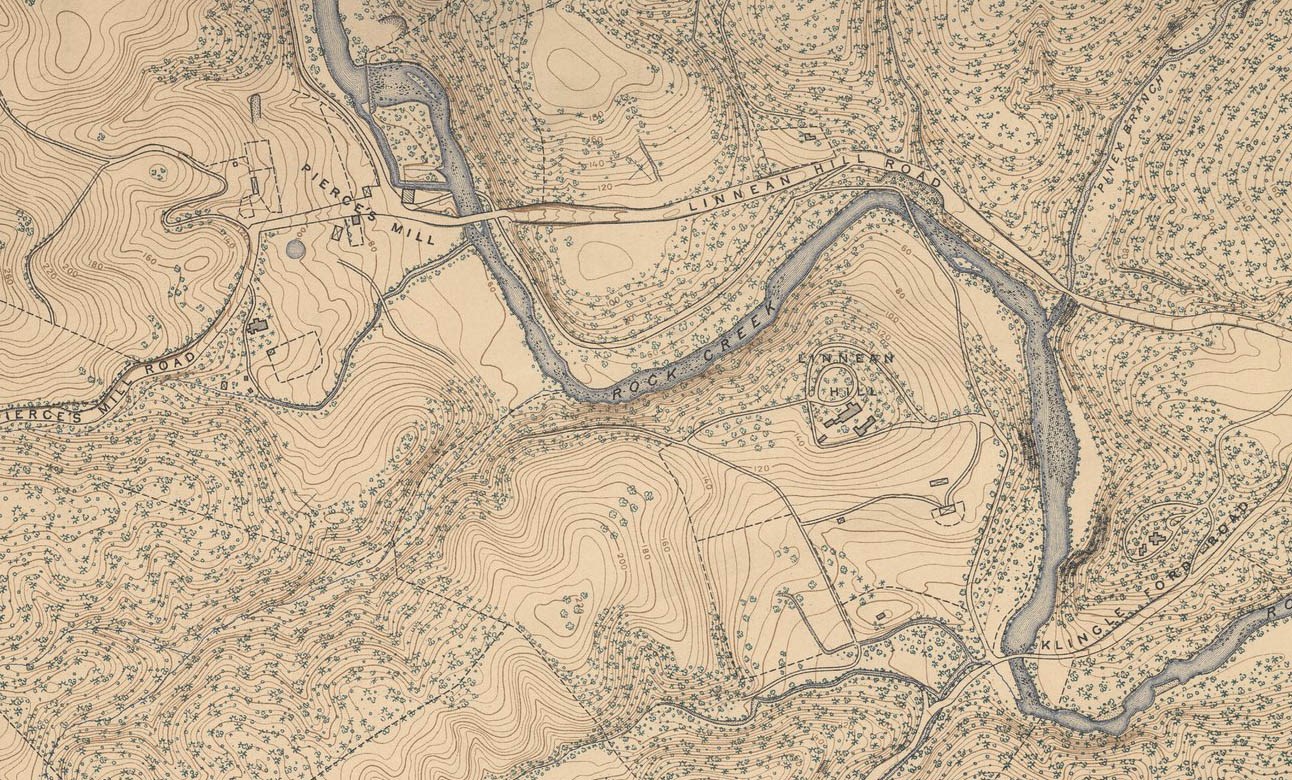ROCR Olmsted Drawing 1893 A drawn map shows roads, structures, topography, vegetation on each side of Rock Creek. Linnaean Hill is near the center.