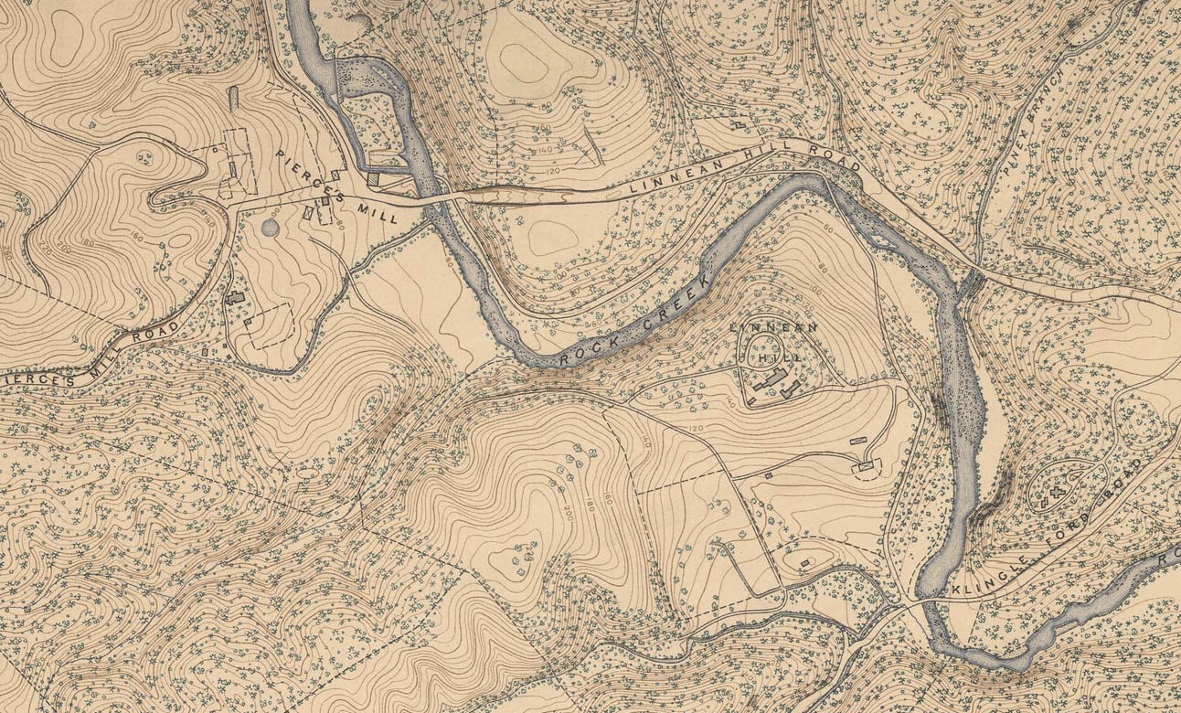 ROCR Olmsted Drawing 1893 A drawn map shows roads, structures, topography, vegetation on each side of Rock Creek. Linnaean Hill is near the center.