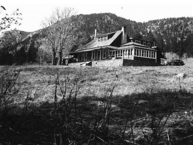 Leafless Balm of Gilead trees grow beside a ranch house in a rural mountain landscape