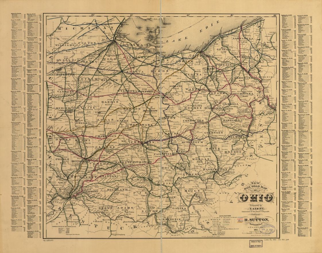 Map shows drainage, cities and towns, counties with population figures, and railroads with distances. Includes list of counties and towns.