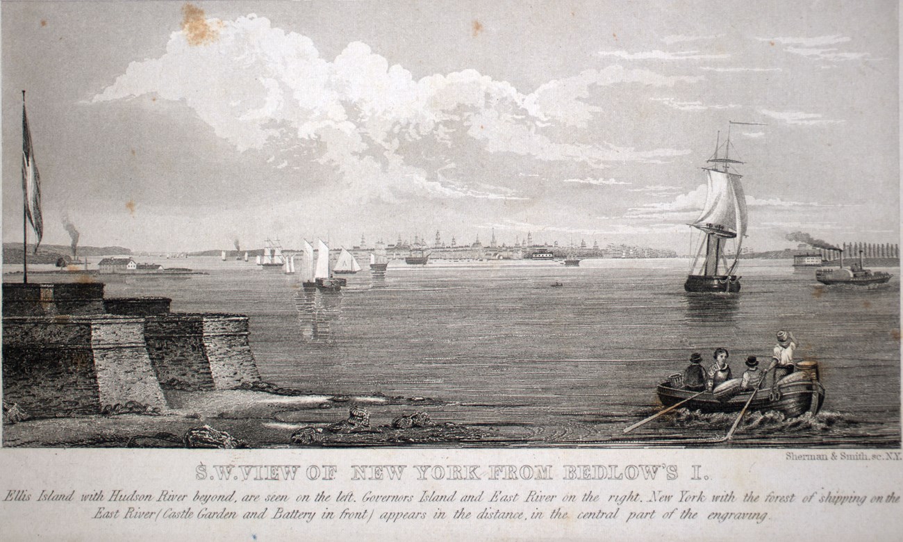 Engraving depicting the view of New York from Bedloe’s Island with boats in the harbor