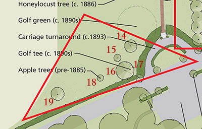 Apple trees west of entry Detail of a 2013 site plan shows apple trees to the left of the entry driveway, outlined by a red triangle