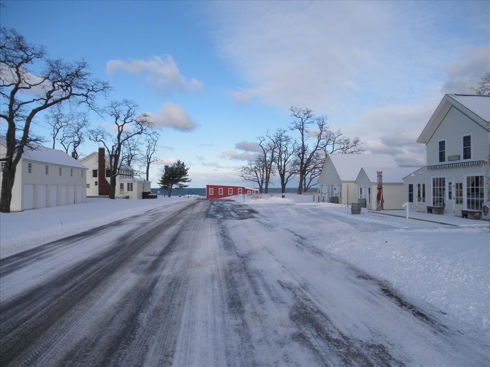 SLBE-Glen-Haven-winter Glen Haven Main Street looking toward Lake Michigan in winter