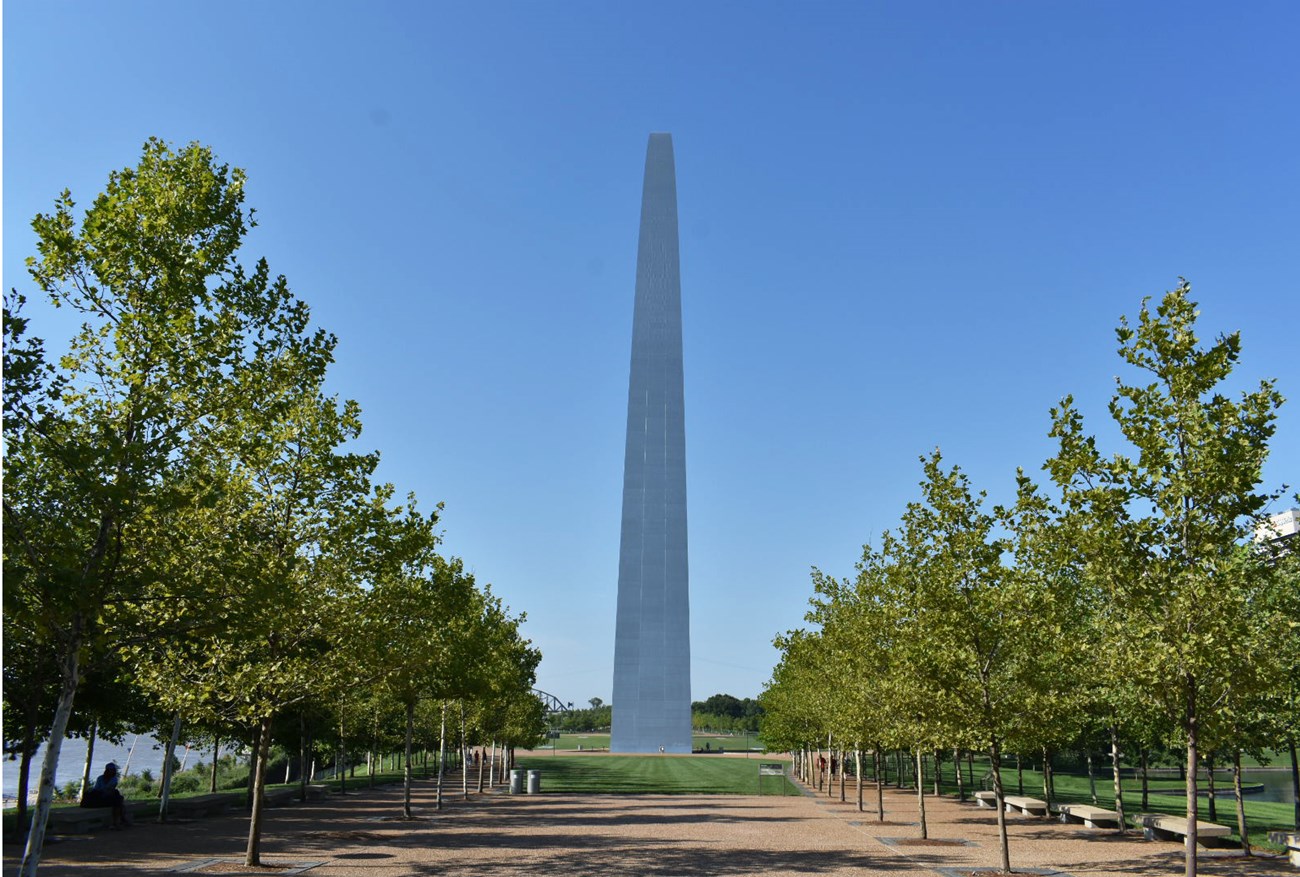 Tree-lined allee leading towards one leg of the Gateway Arch, which from the side appears as as a vertical column