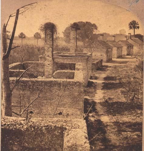 Historic image of a row of two-room cabins in an arc formation, some without roofs and with bird nests atop the chimney.