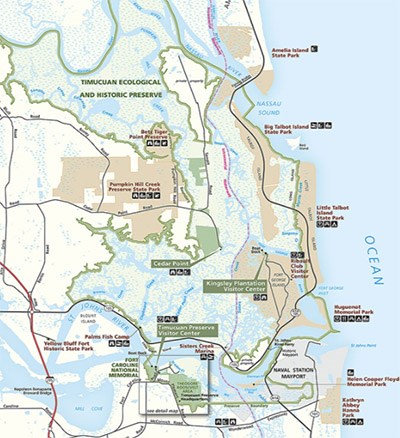 Map of Timucuan Ecological and Historic Preserve NPS map show park boundary and sites, where St. Johns River meets the Atlantic Ocean