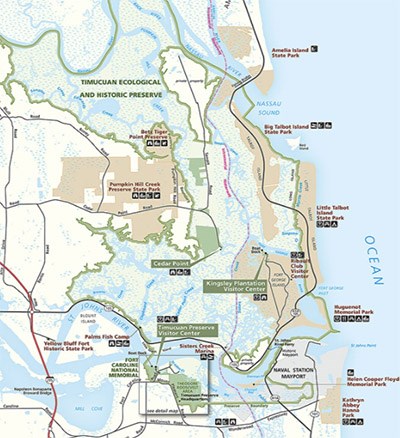 NPS map show park boundary and sites, where St. Johns River meets the Atlantic Ocean