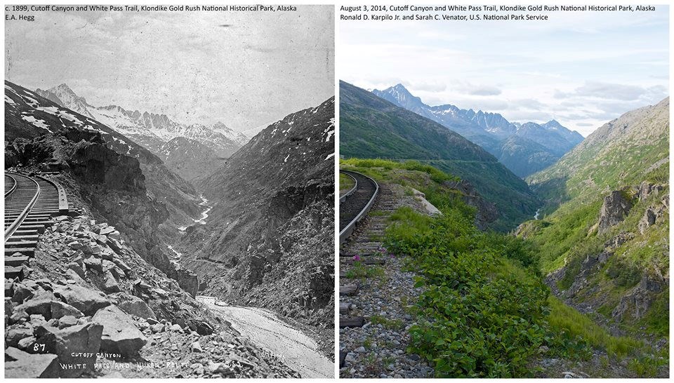 Two images compare views of a railroad above a canyon, in 1899 and 2014