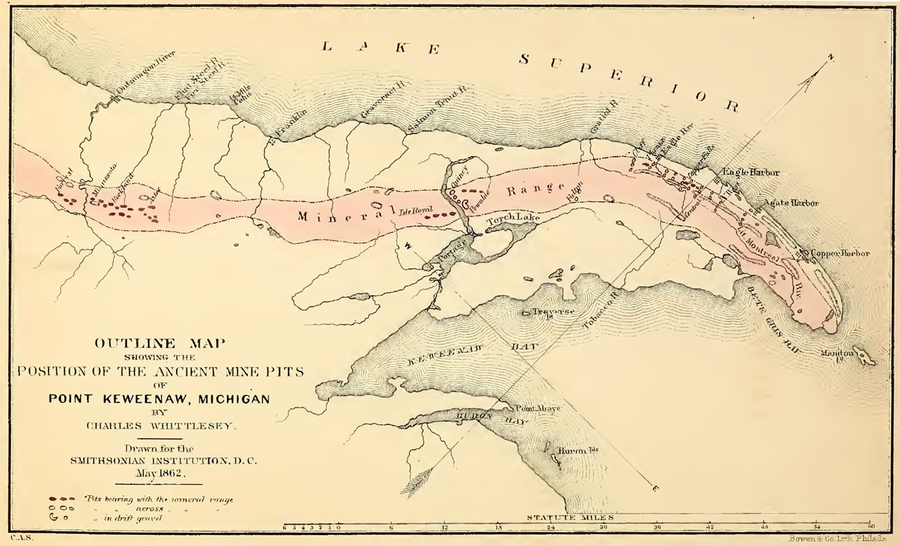 A map drawn in 1862 shows "Position of the Ancient Mine Pits of Point Keweenaw, Michigan"