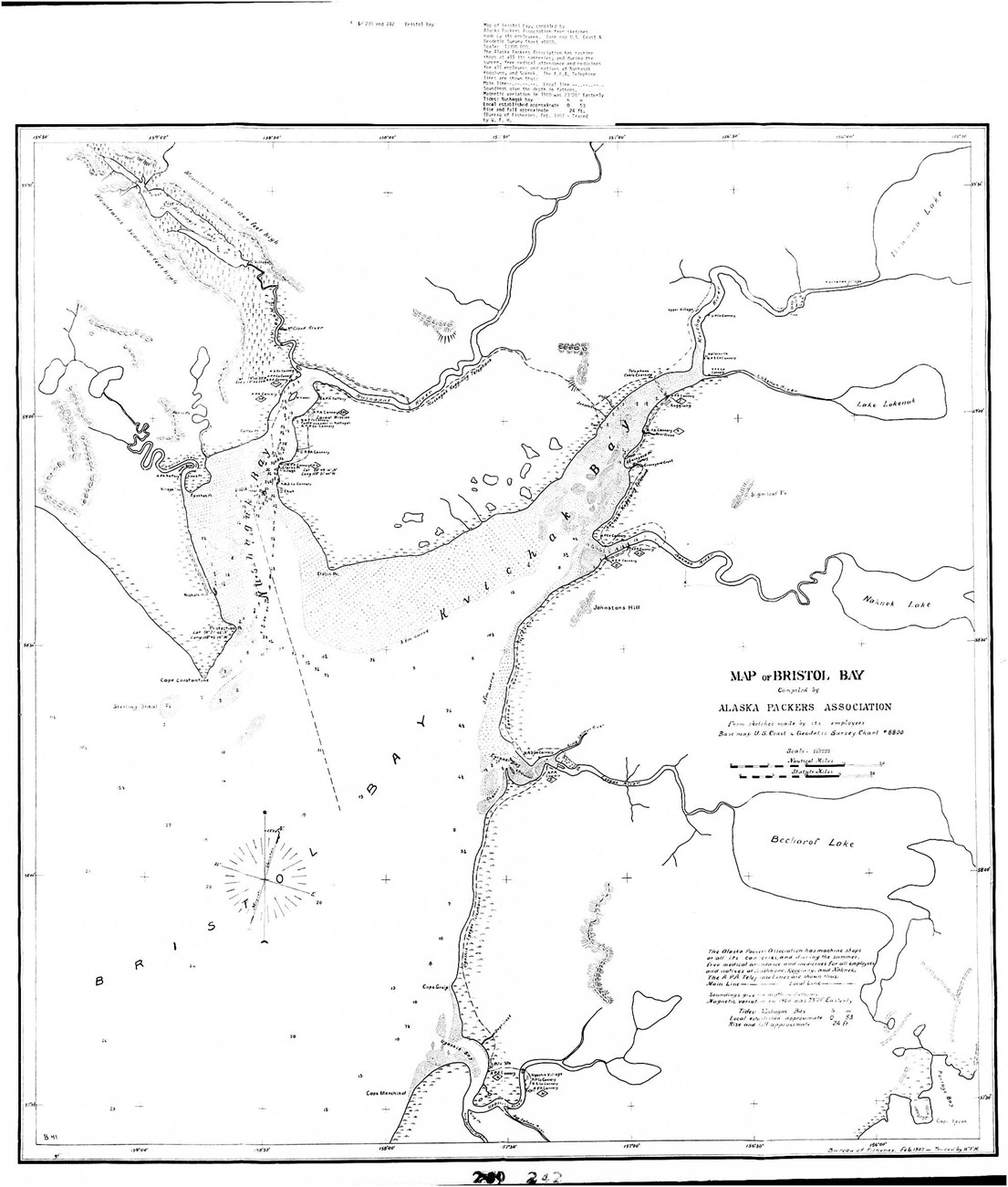 Sketched map of Bristol Bay includes shoreline and waterways, cannery locations, nautical features